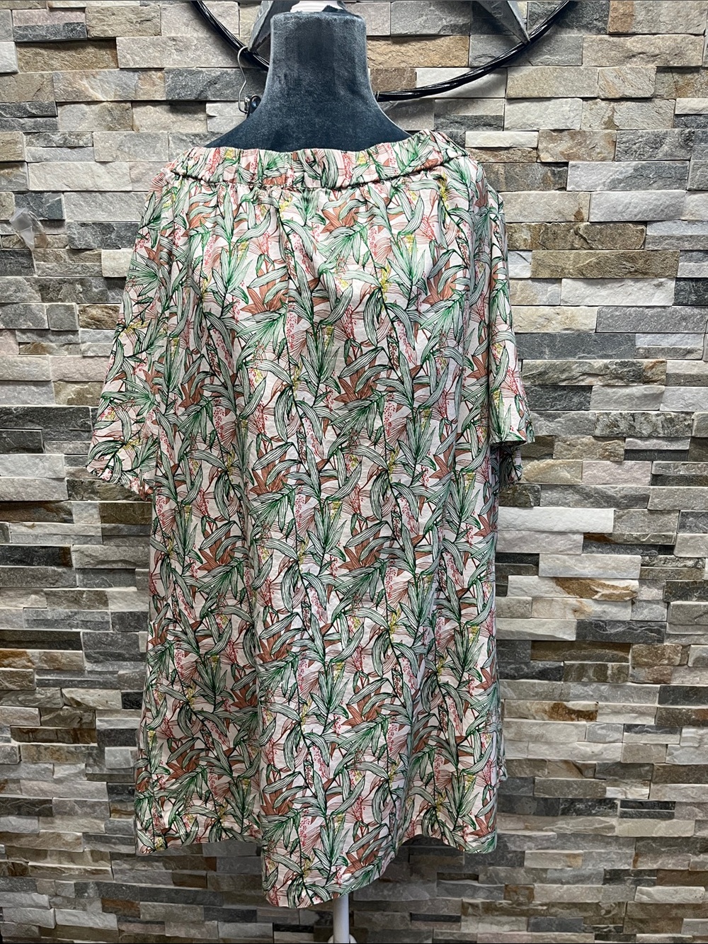 H&M Off-Shoulder Tunic with Pink and Green Leaf Print
